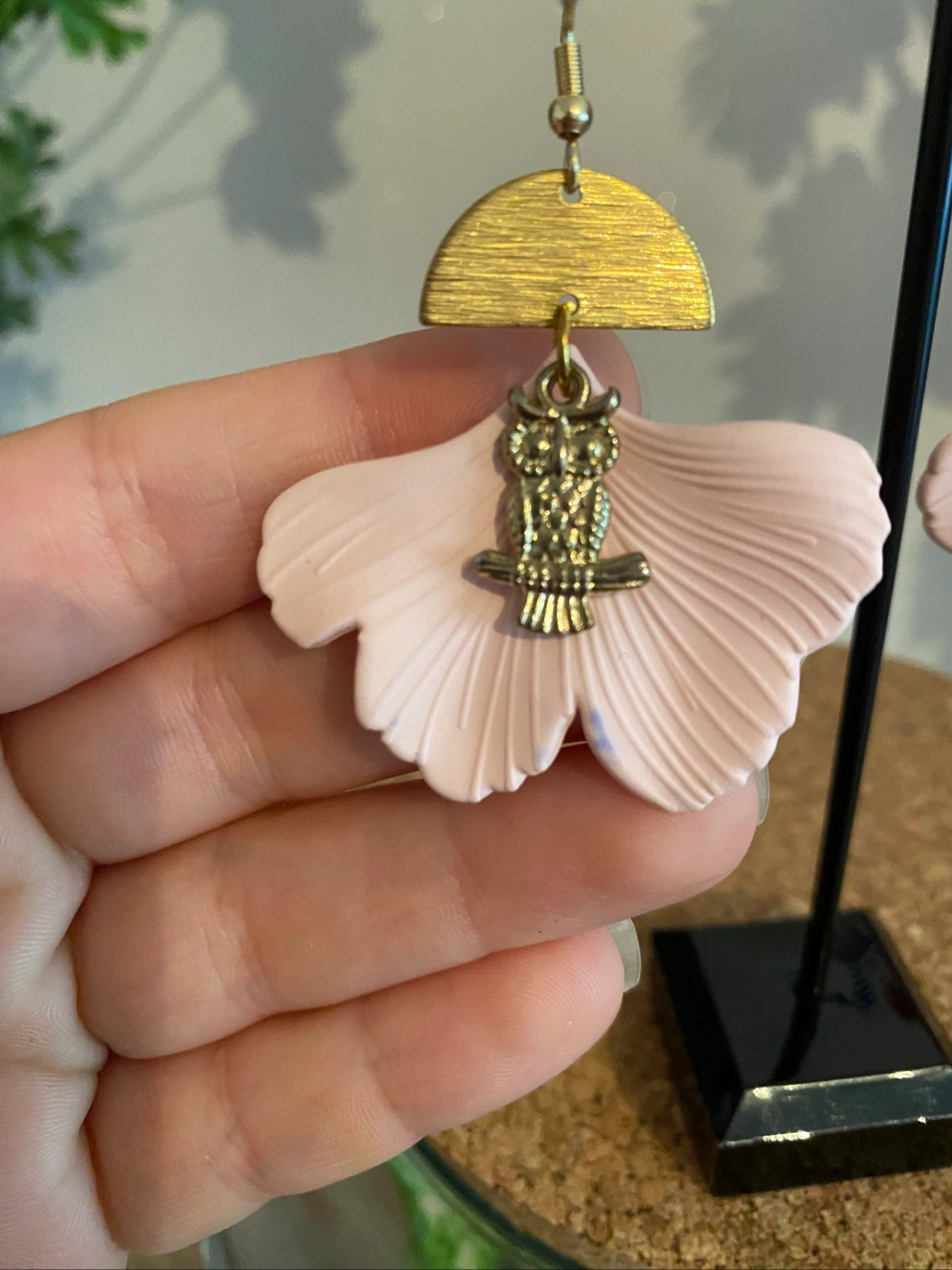 🌸 Powder pink Ginkgo earrings & gold owl 🌸 – photo 7